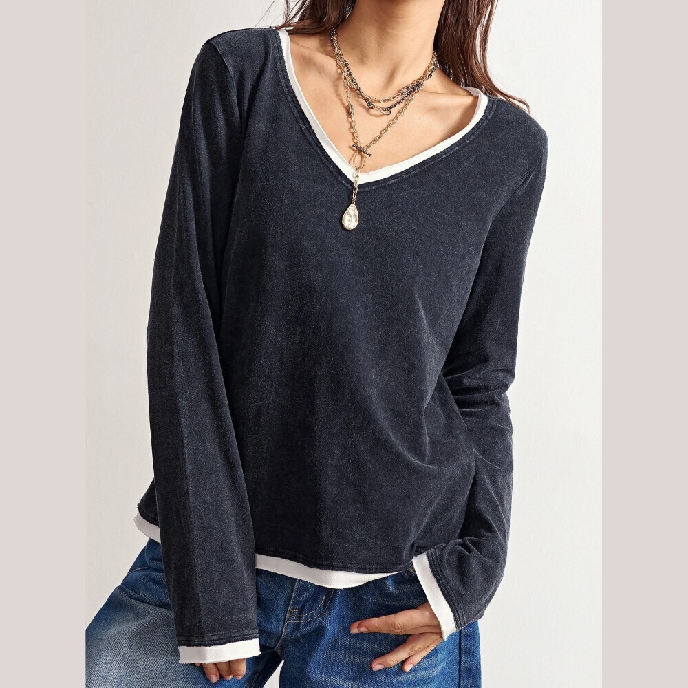 Charcoal Grey Contrast Trim V Neck Long Sleeve Knit Top